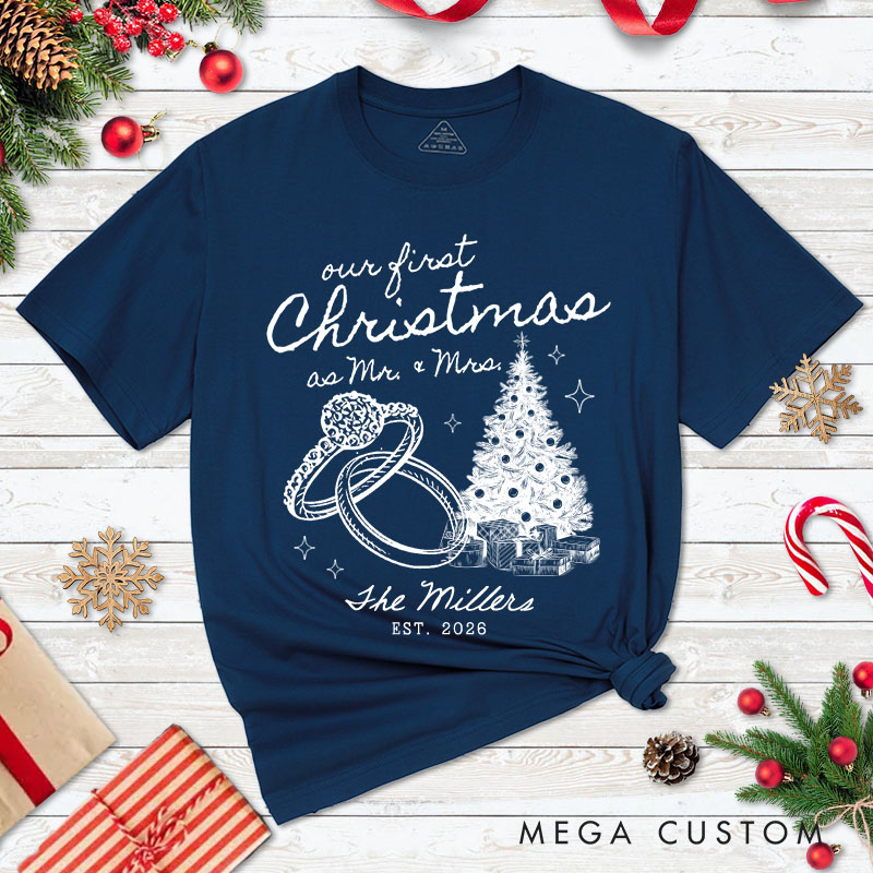 Personalized Couple Our First Christmas as Mr. and Mrs. T-Shirt Custom Newlyweds Wedding Rings Xmas Shirt for Husband Wife Married Tees Christmas Gift