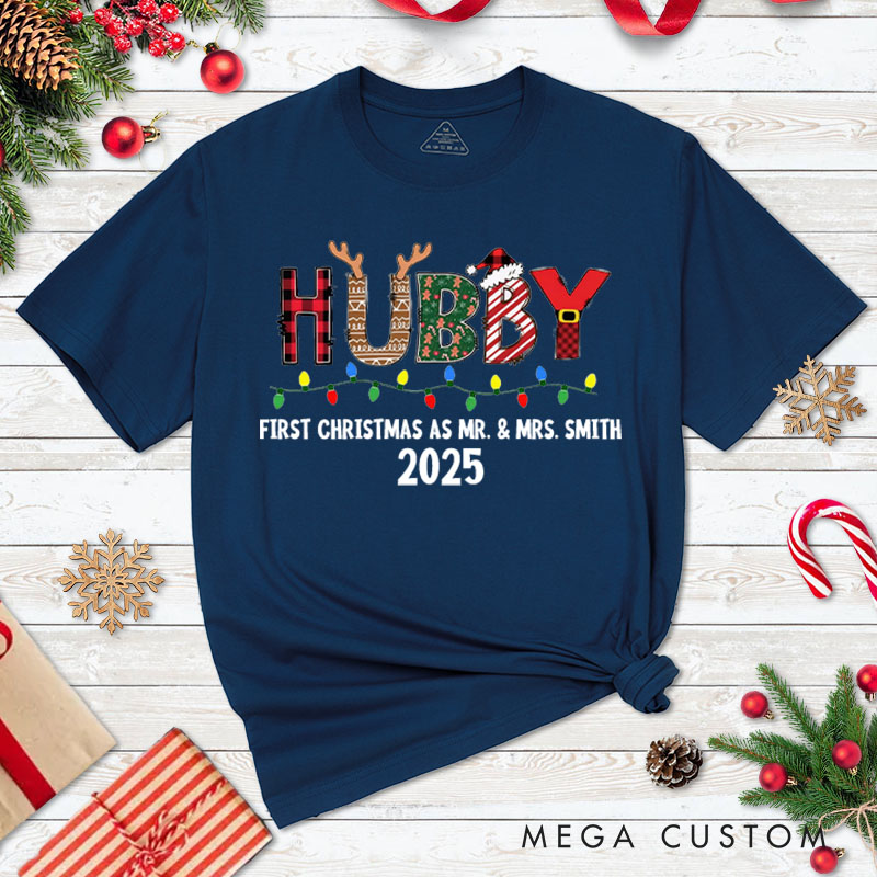 Personalized Couple Wifey and Hubby First Christmas T-Shirt Custom Newlyweds Christmas Light Shirt for Husband Wife Married Tee Tops Christmas Gift