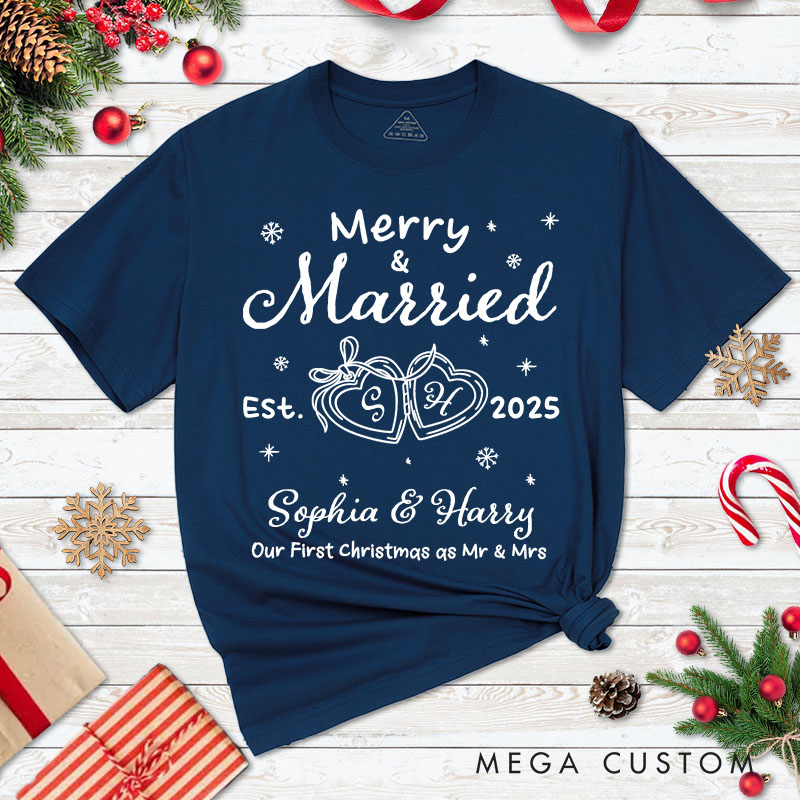 Personalized Couple Merry and Married First Christmas T-Shirt Newlyweds Locked Ring Shirt for Husband Wife Married Tee Tops Christmas Gift