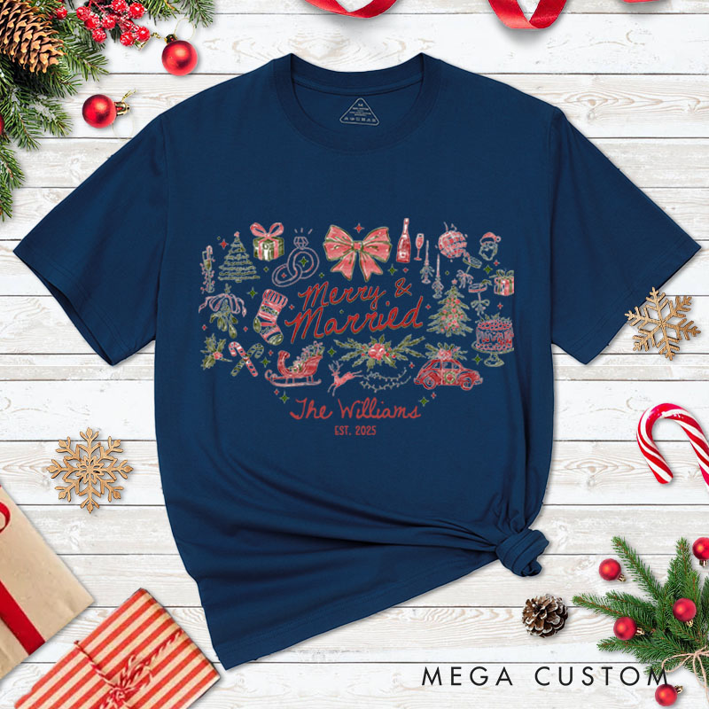 Personalized Couple Merry and Married First Christmas T-Shirt Newlyweds Festive Last Name Shirt for Husband Wife Married Tee Tops Christmas Gift