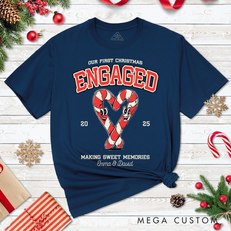 Personalized Couple Our First Christmas T-Shirt Custom Newlyweds Festive Heart Candy Canes Shirt for Husband Wife Married Tee Top BF GF Christmas Gift