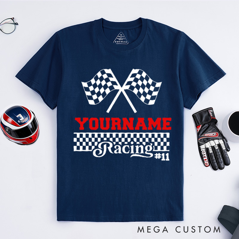 Personalized Racing Checkered Flag T-Shirt Custom Name and Number Race Team Tee Gift for Racers and Racing Lovers