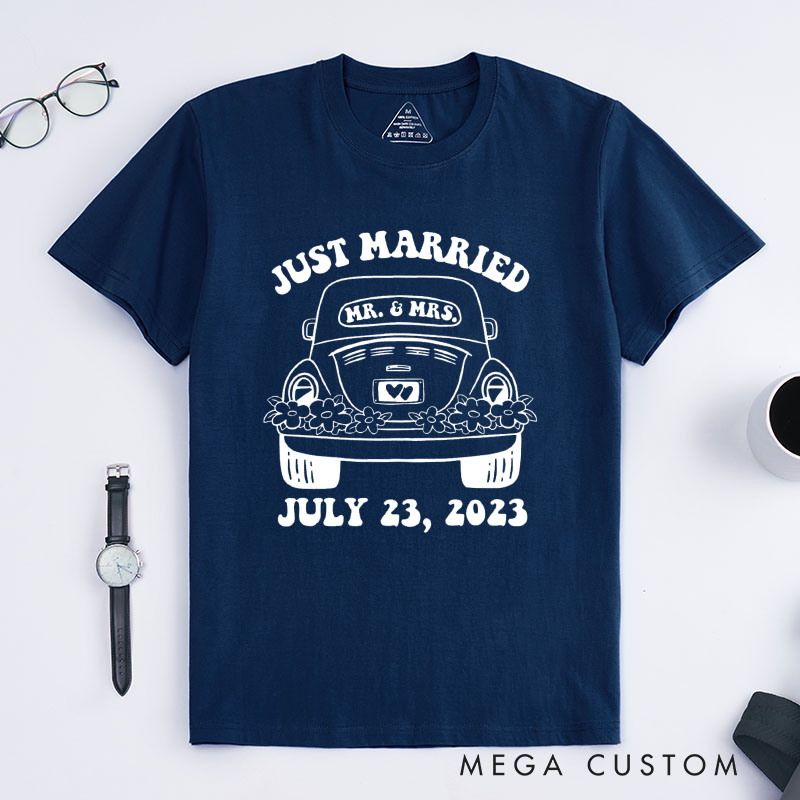 Personalized "Just Married" T-Shirt Couple Wedding Date Anniversary Gift Shirt Wife Husband Tops for Anniversary Gift for Her Him