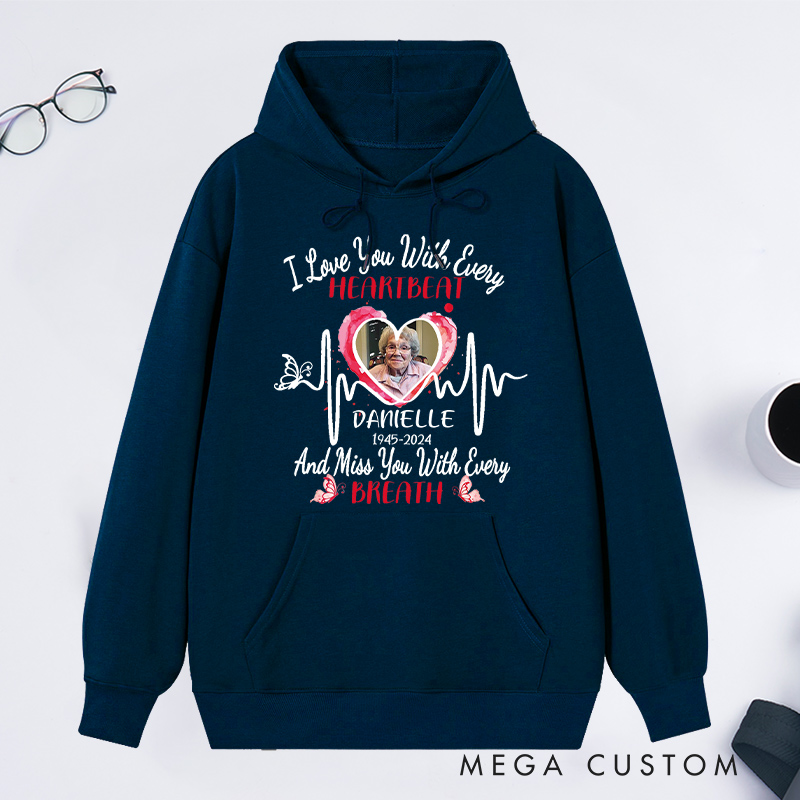 Personalized Photo Memorial Hoodie Big Piece of Heart Lives in Heaven Hoodie Gifts for Loss of Dad Mom RIP Sweatshirt Multi Color 