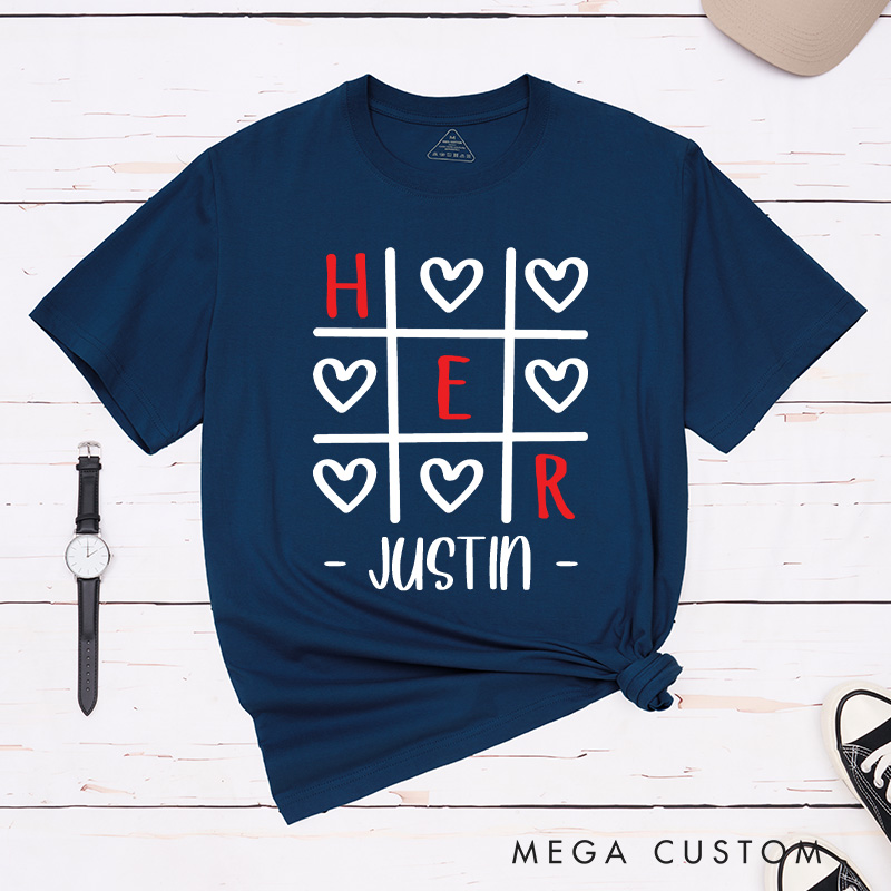 Personalized Couple Tic-Tac-Toe Her and Him Matching T-Shirt Valentine's Day T-Shirt for Husband Wife Boyfriend Girlfriend Gift