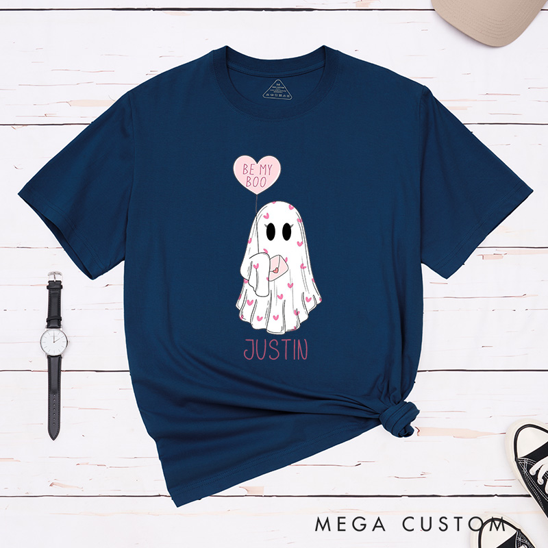 Personalized Couple Be My Boo Matching T-Shirt Valentine's Day Ghost Holding Heart Balloon T-Shirt for Husband Wife Boyfriend Girlfriend Gift