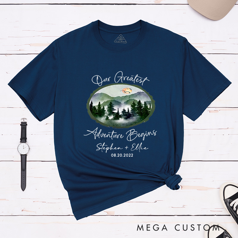 Personalized Watercolor Mountain Serence Our Greatest Adventure Begins Matching Honeymoon Couple Classic T-Shirt