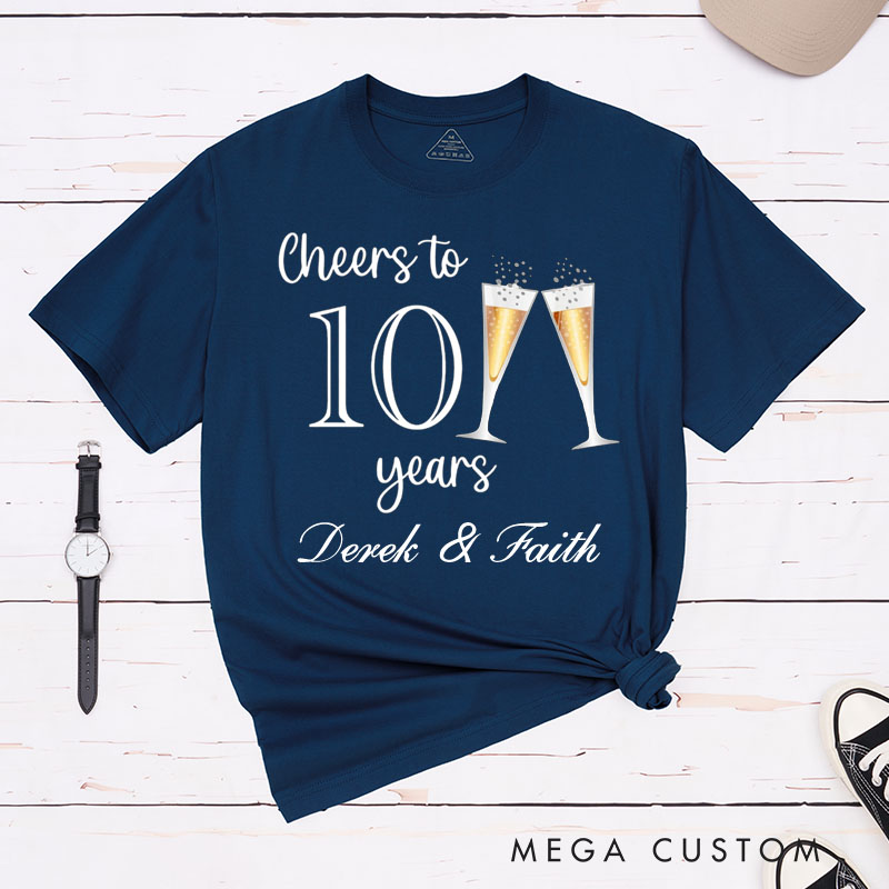 Personalized Couple 10th Anniversary T-Shirt Cheers to 10 Years T-Shirt Anniversary Gift Champagne Tees for Wife Husband Couple Gift