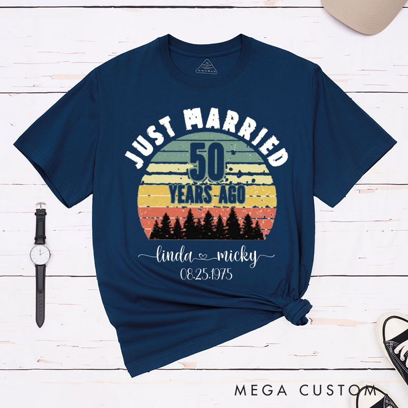 Personalized Couple 50th Anniversary T-Shirt Just Married 50 Years Ago T-Shirt Anniversary Golden Wedding Sunset Tees for Wife Husband