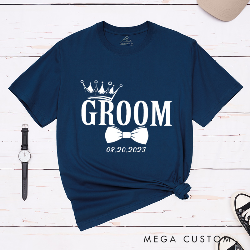 Personalized Regal Bride and Groom with Crowns and Date Matching Wedding Couple Classic T-Shirt