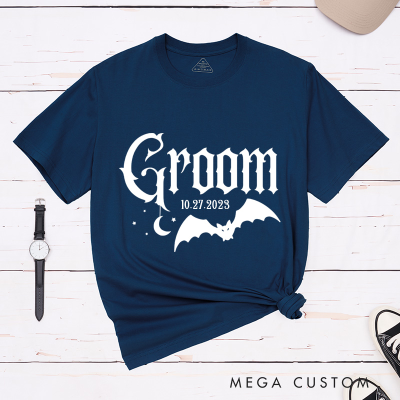 Personalized Holloween-Inspired Gothic Bride and Groom with Bat and Moon Matching Wedding Couple Classic T-Shirt