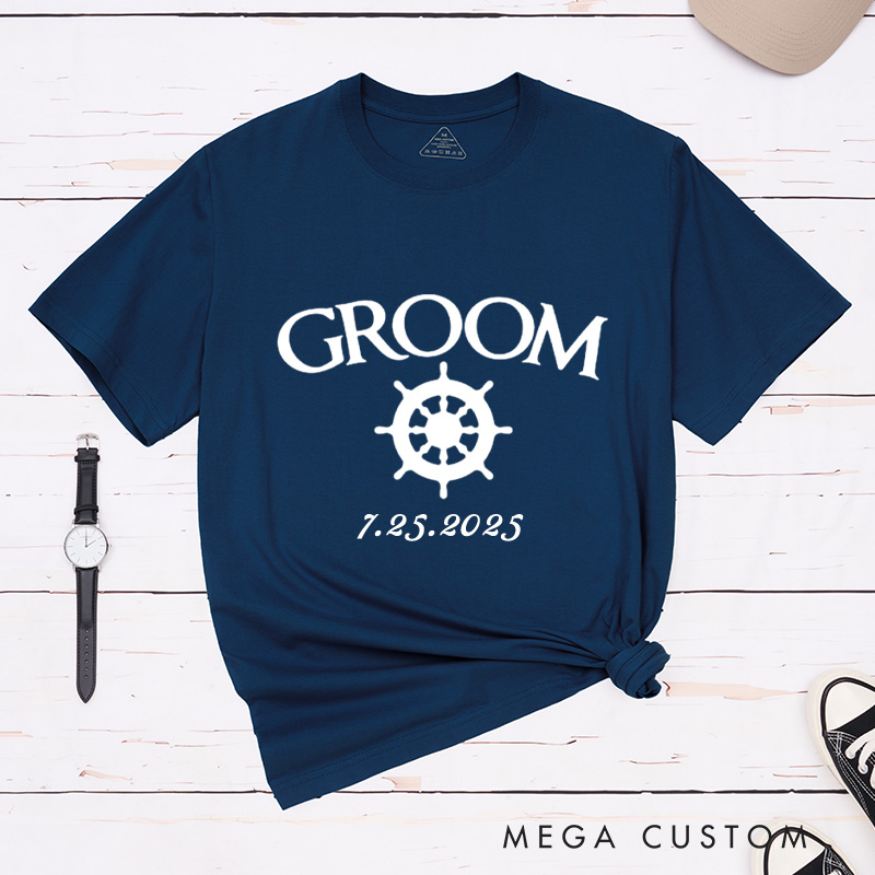 Personalized Elegant Nautical Bride and Groom with Anchor and Helm Matching Wedding Couple Classic T-Shirt