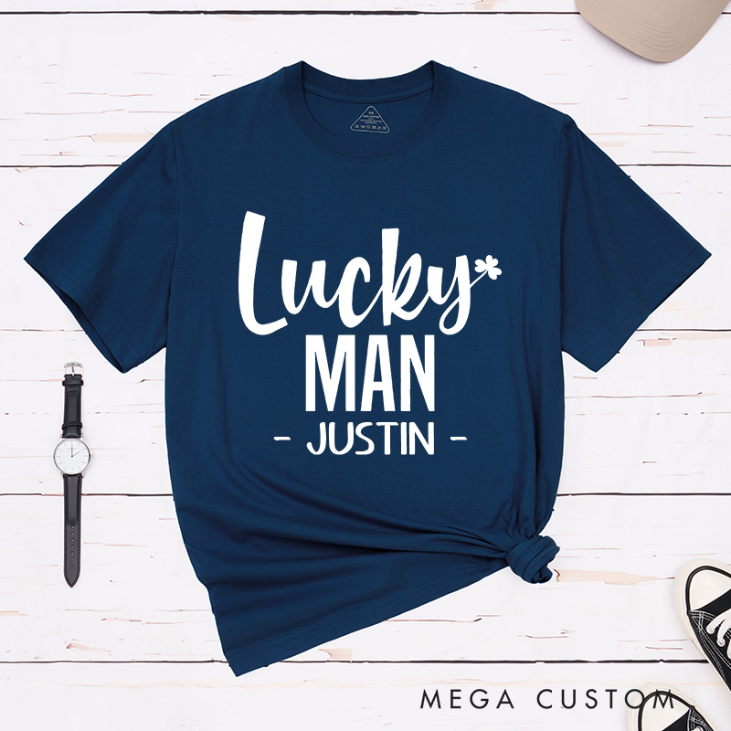 Personalized Couple Lucky Man Lucky Woman with Shamrock Matching T-Shirt Valentine's Day T-Shirt for Husband Wife Boyfriend Girlfriend Gift