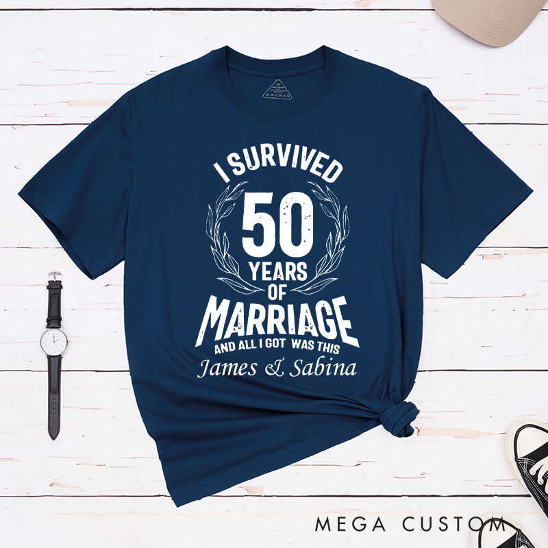 Personalized Couple 50th Anniversary T-Shirt I Survived 50 Years of Marriage Anniversary Humorous Golden Shirt Couple Gift Tee