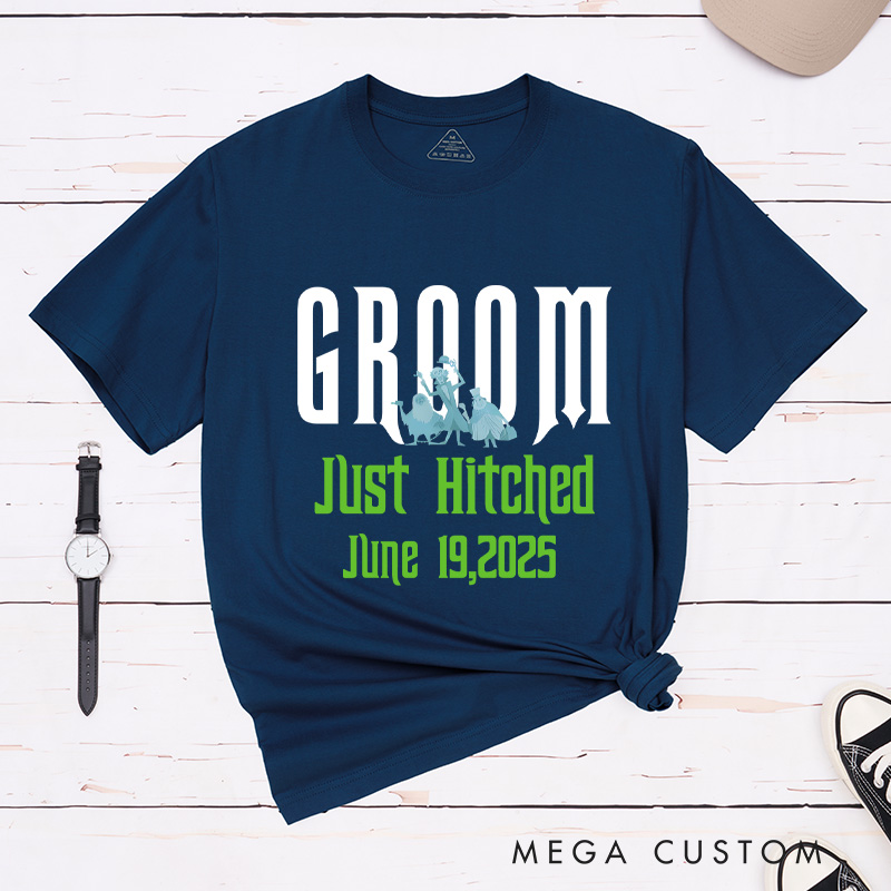 Personalized Playful Just Hitched Bride and Groom Wedding Couple Classic T-Shirt
