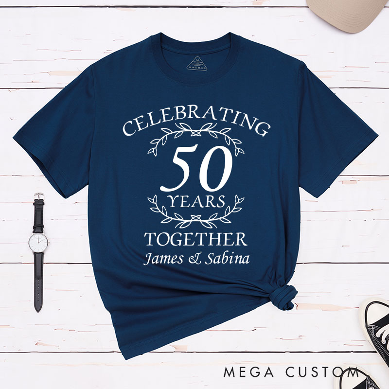 Personalized Couple 50th Anniversary T-Shirt Celebrating 50 Years Together Elegant Golden Anniversary Humorous Golden Shirt Couple Gift Tee