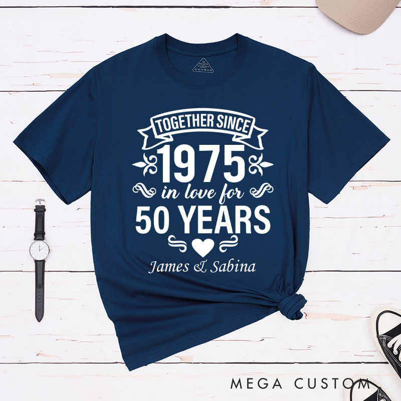 Personalized Couple 50th Anniversary T-Shirt Together Since 1975 50 Years of Love Anniversary Humorous Golden Shirt Couple Gift Tee