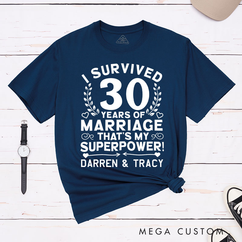 Personalized Couple 30th Anniversary T-Shirt I Survived 30 Years of Marriage That's My Superpower Shirt for Couples Wife Husband Gift Tees