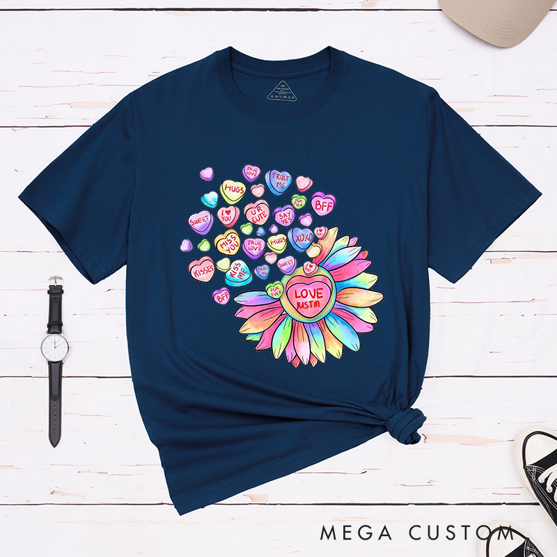 Personalized Couple Colorful Flower and Candy Matching T-Shirt Valentine's Day T-Shirt for Husband Wife Boyfriend Girlfriend Gift for Hubby Wifey