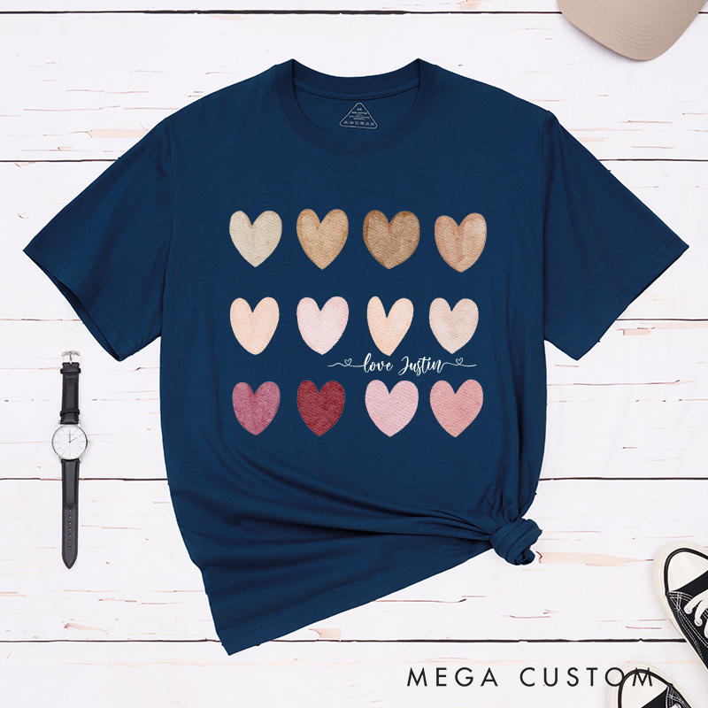 Personalized Couple Watercolor Heart Matching T-Shirt with Name Valentine's Day T-Shirt for Husband Wife Boyfriend Girlfriend Gift for Hubby Wifey