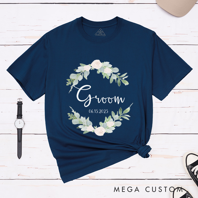Personalized Elegant Floral Wreath Bride and Groom Matching Wedding Couple Classic T-Shirt