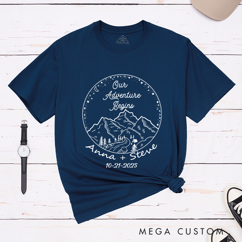 Personalized Rustic Mountain Our Adventure Begins Newlyweds Wedding Couple Classic T-Shirt
