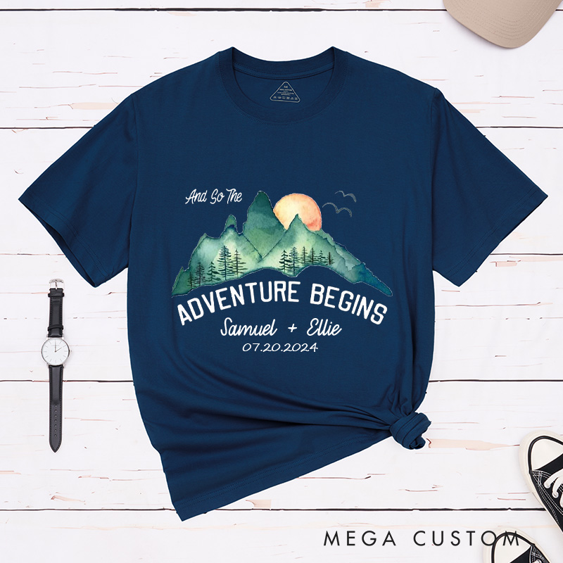 Personalized Scenic And So The Adventure Begins Newlyweds Wedding Couple Classic T-Shirt