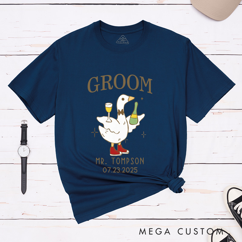 Personalized Lively Bride and Groom Silly Goose with Champagne Matching Wedding Couple Classic T-Shirt