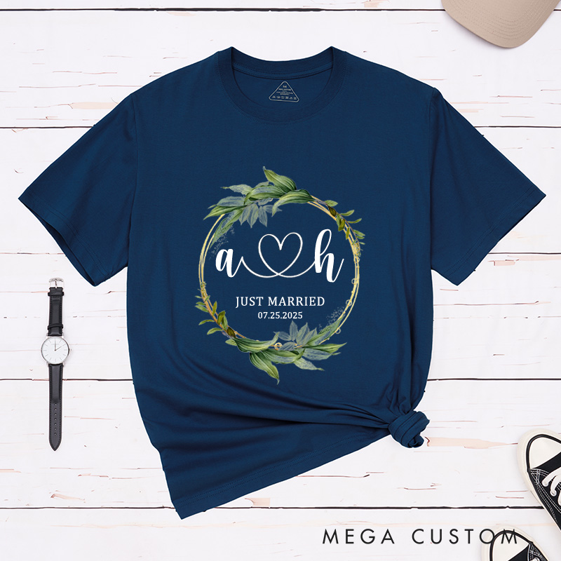 Personalized Romantic Botanical Just Married with Initials Wedding Couple Classic T-Shirt