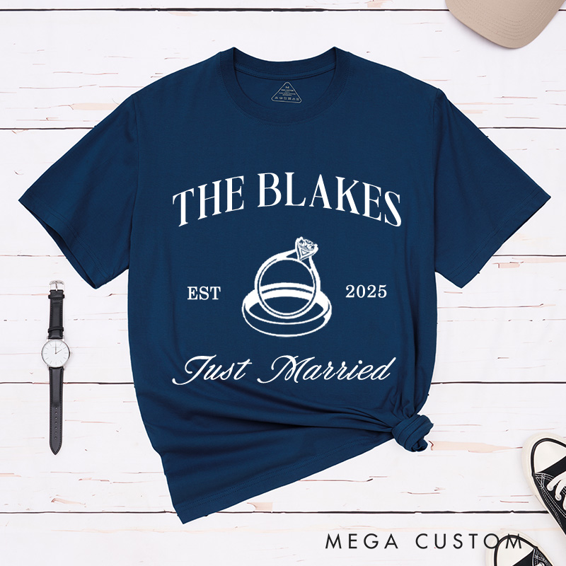 Personalized Elegant Just Married Wedding Rings Newlyweds Wedding Couple Classic T-Shirt