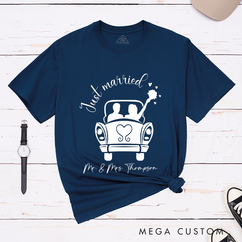 Personalized Romantic Just Married with Wedding Car Wedding Couple Classic T-Shirt
