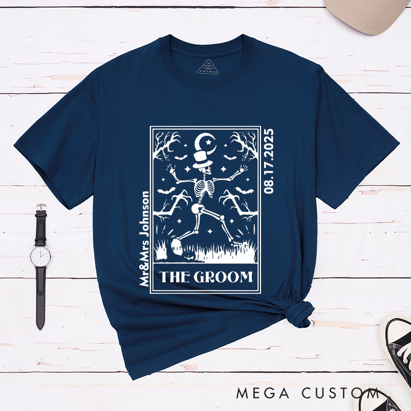 Personalized Whimsical Tarot Card Skeleton Bride and Groom Wedding Couple Classic T-Shirt