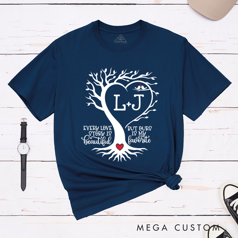 Personalized Couple Heart-Shaped Tree Matching T-Shirt with Initials Valentine's Day Classic T-Shirt for Husband Wife Boyfriend Girlfriend Gift