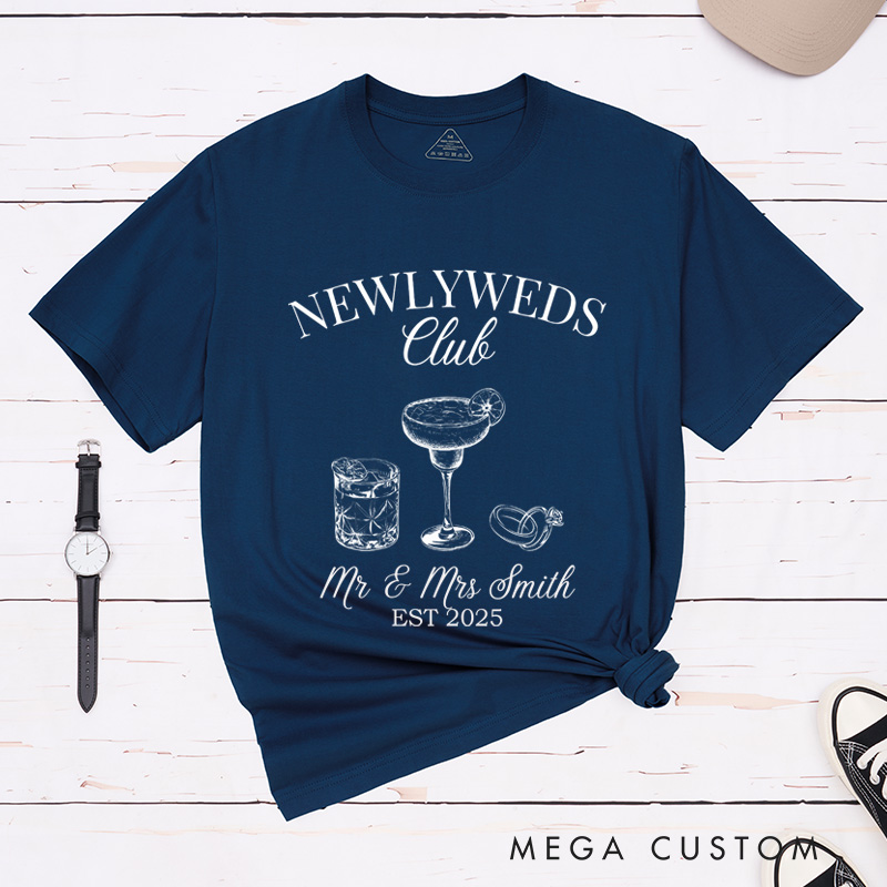 Personalized Rustic Newlyweds Club with Cocktails Mr and Mrs Wedding Couple Classic T-Shirt