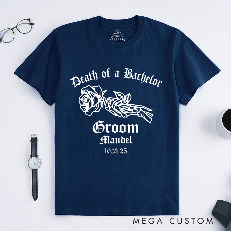 Personalized "Death of a Bachelor" T-Shirt Elegant Gothic Skeleton Rose Designed Groom T-Shirt Bachelor Party Favors Shirt for Him