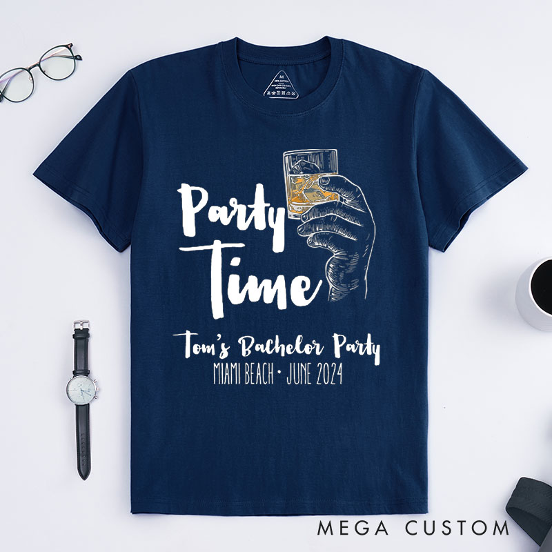 Personalized Party Time Bachelor Party T-Shirt Whiskey Glass Shirt for Groomsman Wedding Party Favors Shirt for Men Best Man Gift