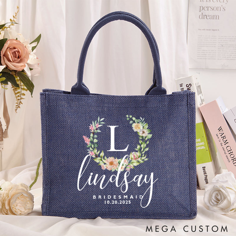 Personalized Bridesmaid Floral Wreath Initials Burlap Tote Bag with Name Maid of Honor Tote Bag