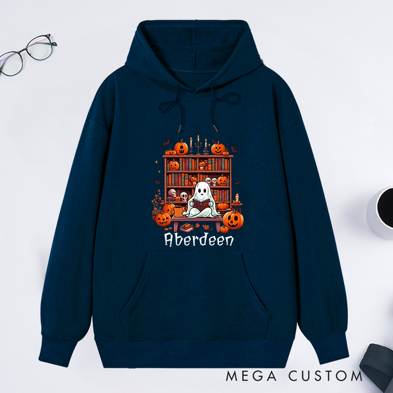 Personalized Ghost Book Reader Classic Hoodies Custom Book Lover Hoodies with Name Reading Hoodies Halloween Hoodies Librarian Gift Reader Gift