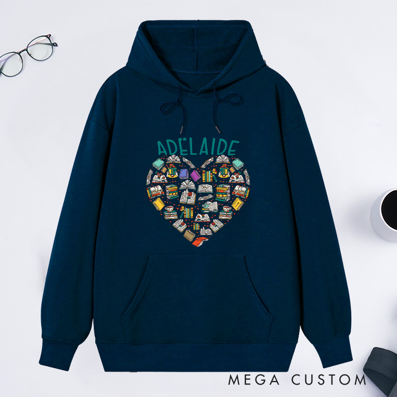 Personalized Books Heart Classic Hoodies Custom Book Lover Hoodies with Name Reading Hoodies Librarian Gift Book Lover Gift for Reader