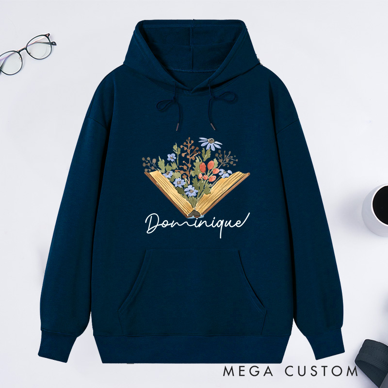 Personalized Flower Book Classic Hoodies Bookish Wildflower Hoodies Custom Book Lover Hoodies with Name Librarian Gift Reading Gift for Reader