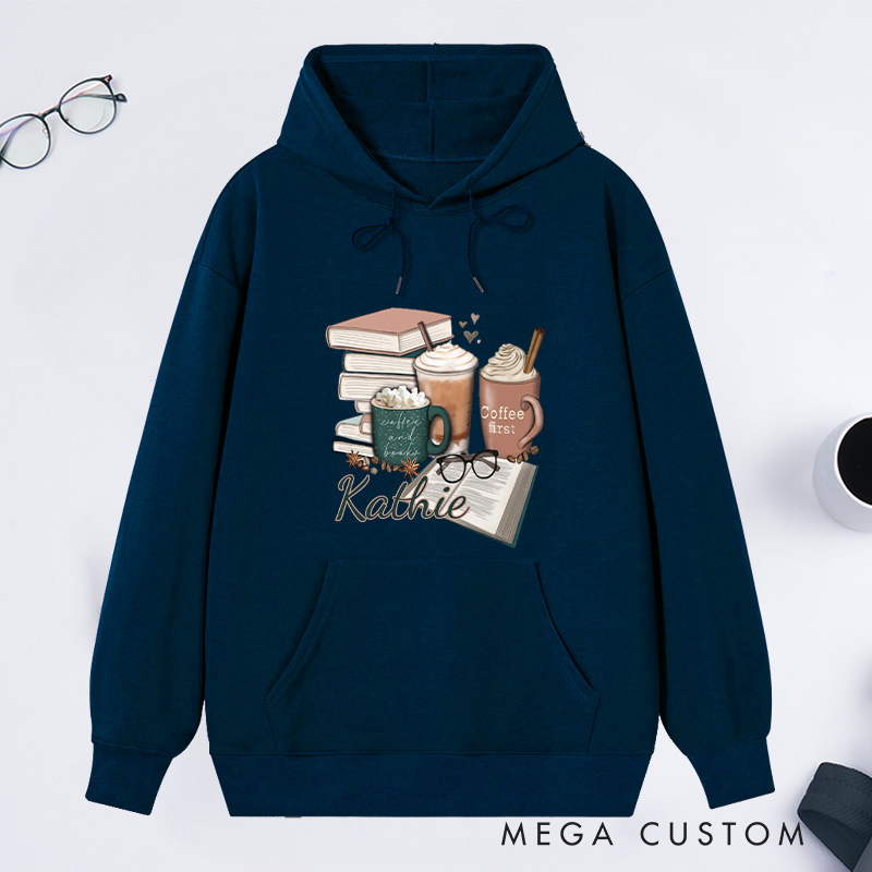 Personalized Coffee and Books Classic Hoodies Custom Book Lover Hoodies with Name Librarian Gift Book Lover Gift for Reader Gift