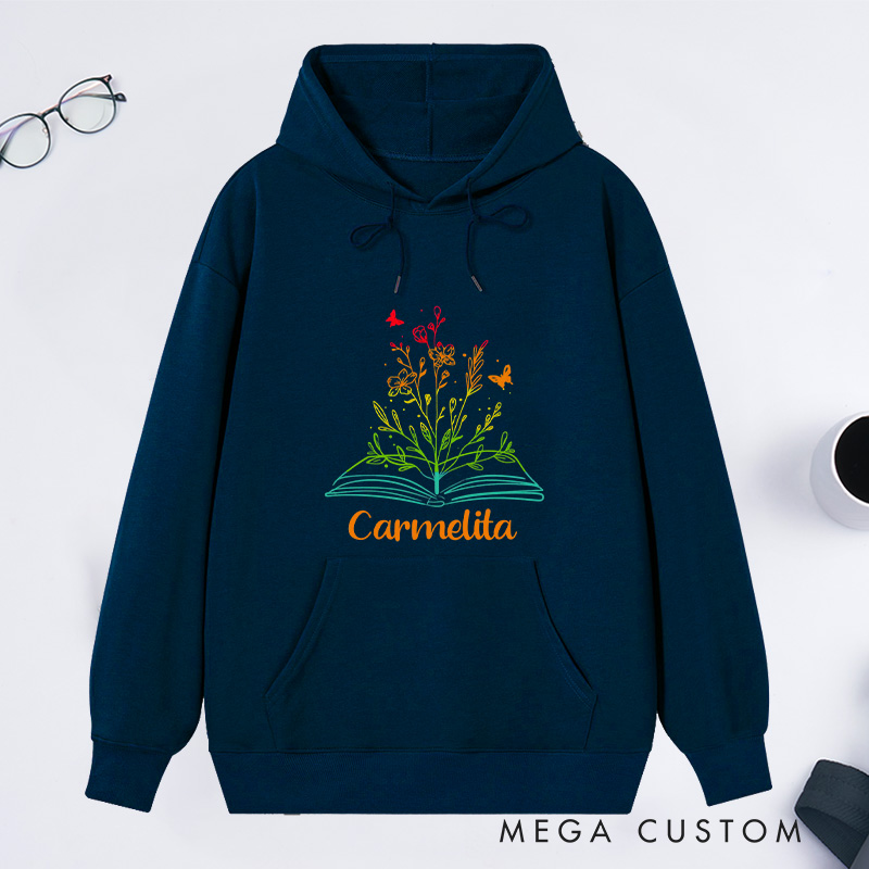Personalized Book Flower Classic Hoodies Library Hoodies Custom Bookish Hoodies with Name Librarian Gift Book Lover Gift for Reader