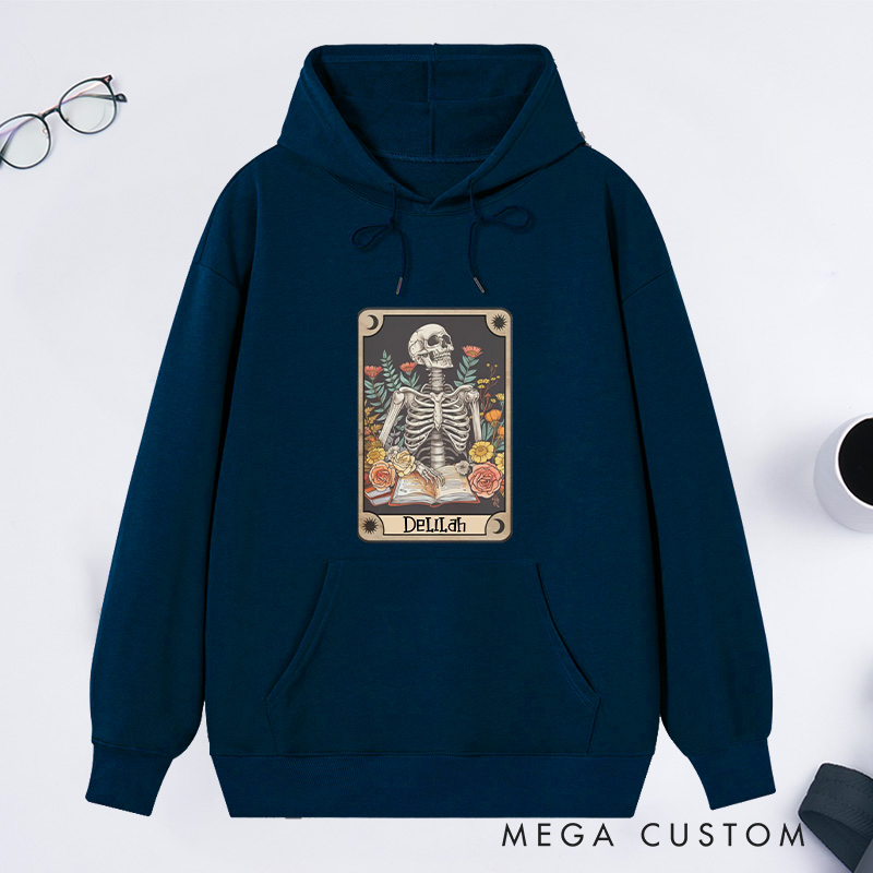Personalized The Reader Tarot Card Classic Hoodies Skeleton Reading Hoodies Custom Bookish Hoodies with Name Librarian Gift Book Lover Gift