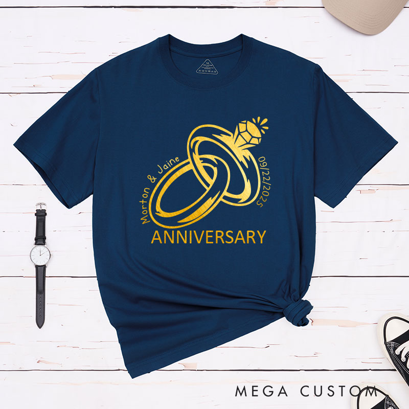 Personalized Golden Rings Anniversary T-Shirt Elegant Celebrate Couple Anniversary T-Shirts for Husband Wife Anniversary Gift Tees