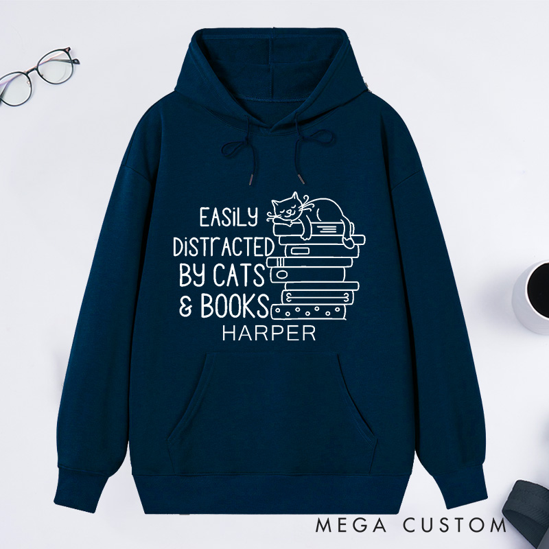 Personalized Easily Distracted By Cats And Books Classic Hoodies Book Lover Gift Funny Cat Hoodies