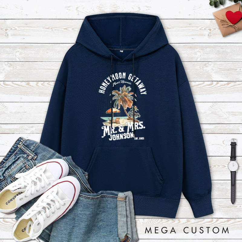 Personalized Vintage Tropical Honeymoon Getaway with Beach Scene Matching Honeymoon Couple Hoodie