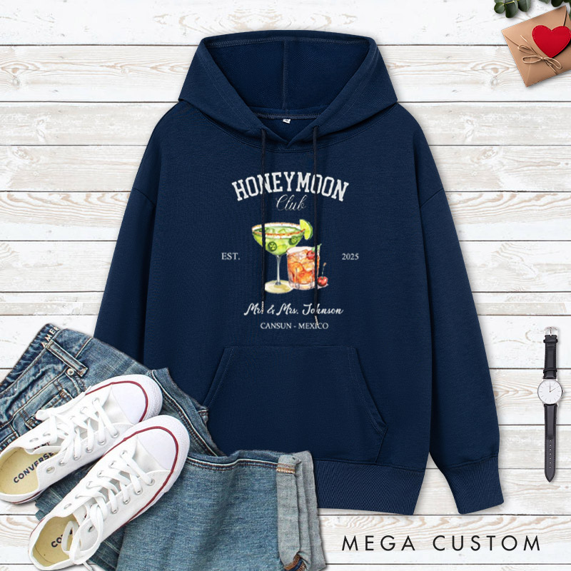 Personalized Tropical Honeymoon Club with Colorful Cocktails Matching Honeymoon Couple Hoodie