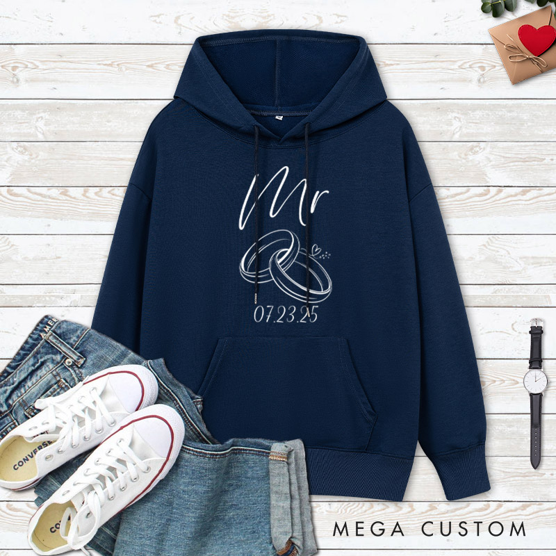 Personalized Minimalist Mr and Mrs with Rings and Heart Wedding Couple Hoodie