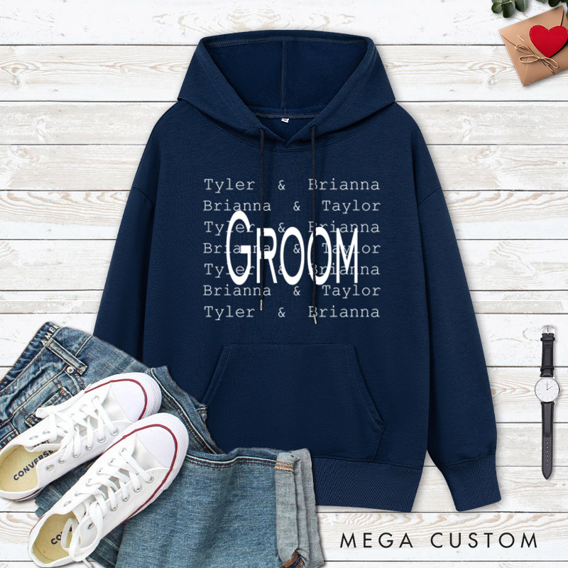Personalized Modern Repetitive Text Bride and Groom Wedding Couple Hoodie
