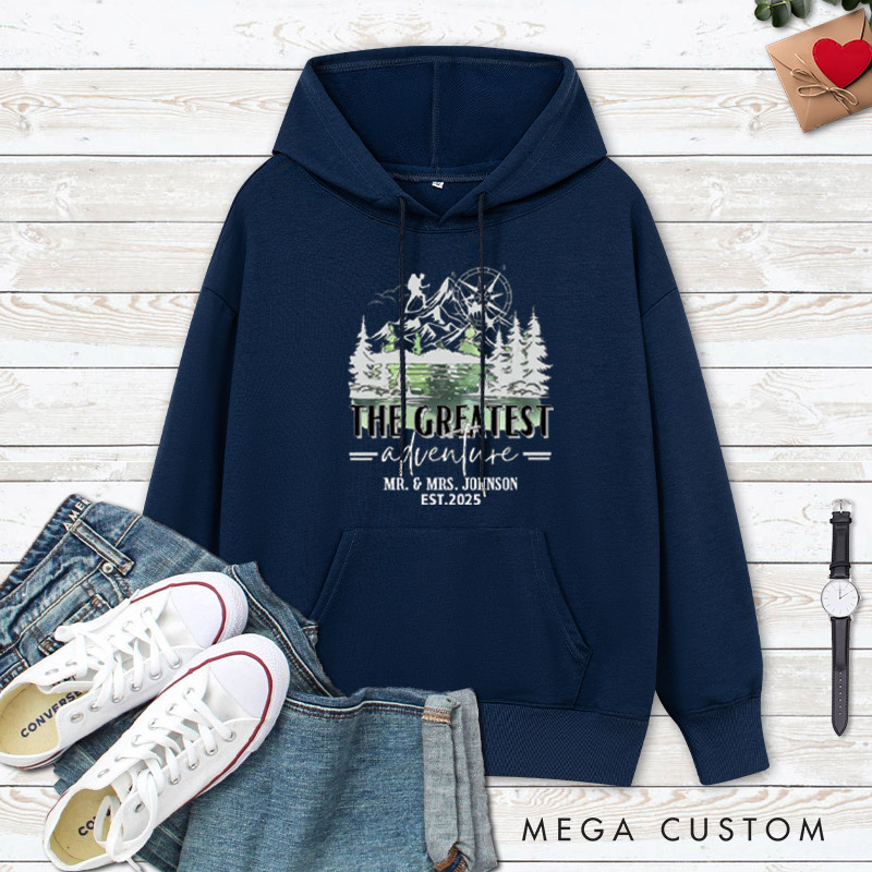 Personalized The Greatest Adventure Mr and Mrs Wedding Couple Hoodie